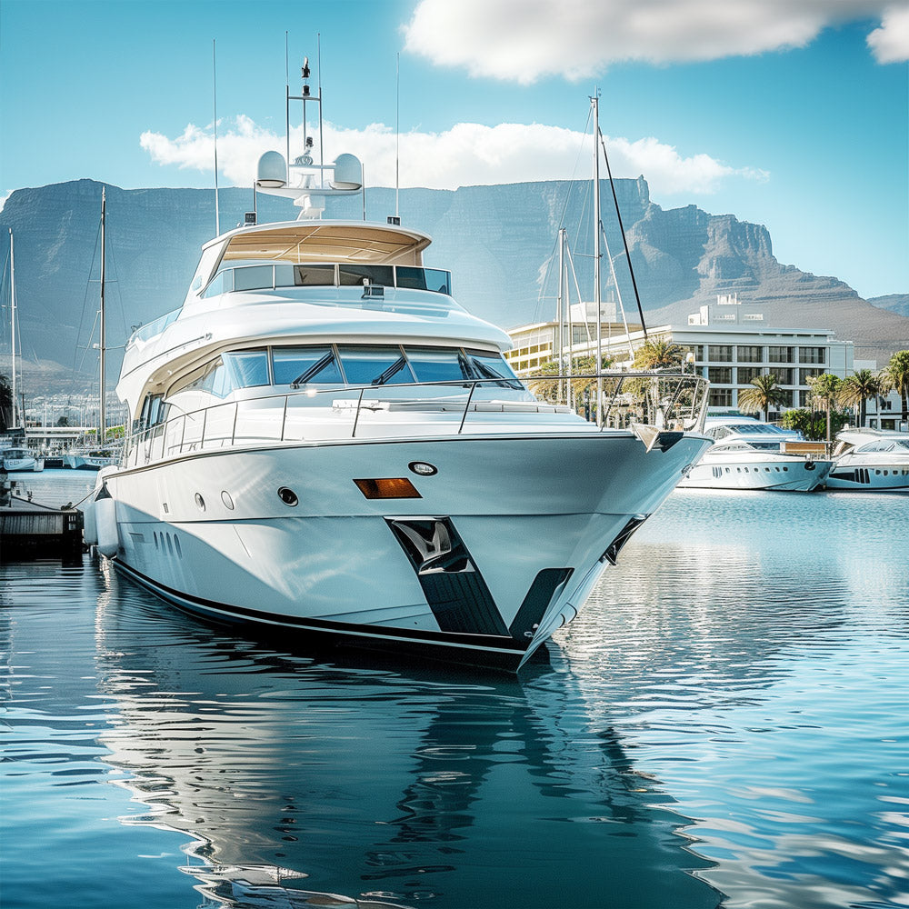 Motoryacht mit Batteriesensor im Yachthafen von Kapstadt Südafrika
