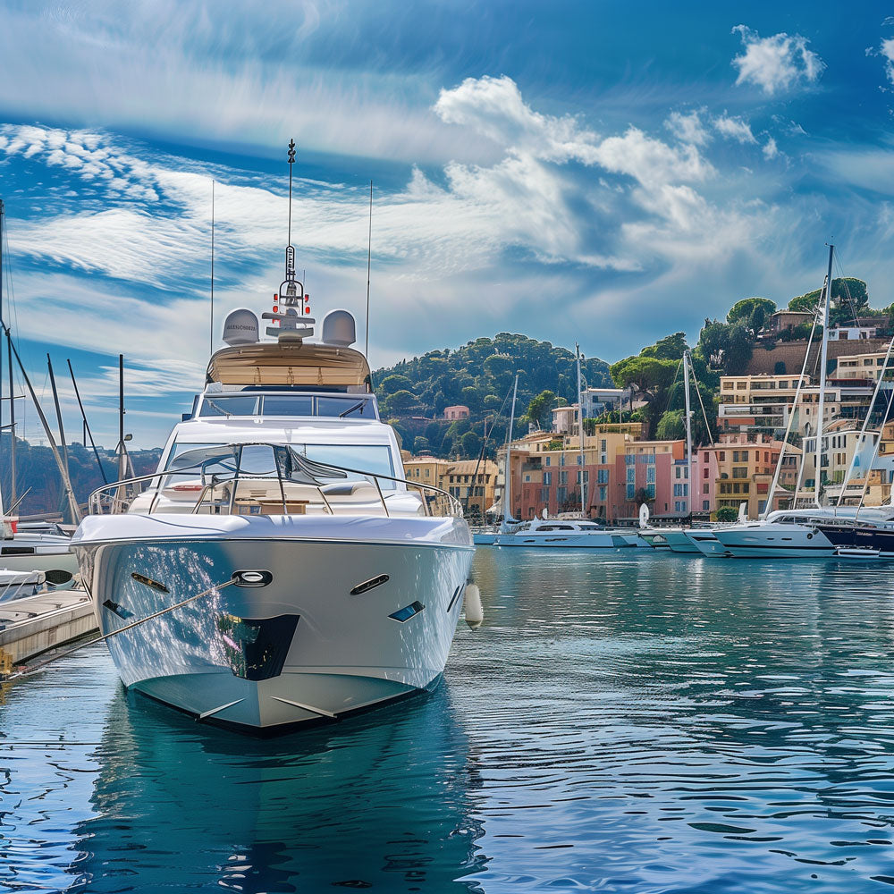 Motoryacht mit Batteriesensor im Yachthafen von Côte d’Azur