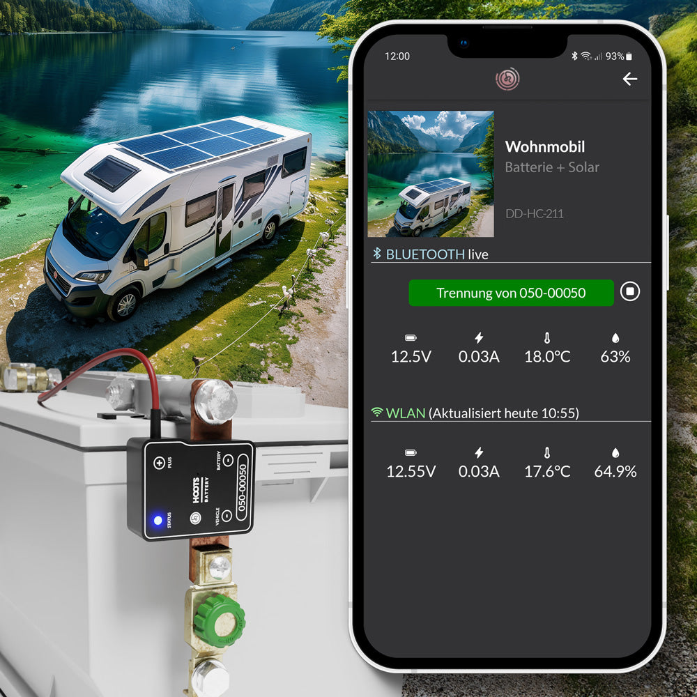 Motorhome Camper mit HOOTS BATTERY Batteriemonitor Software am See